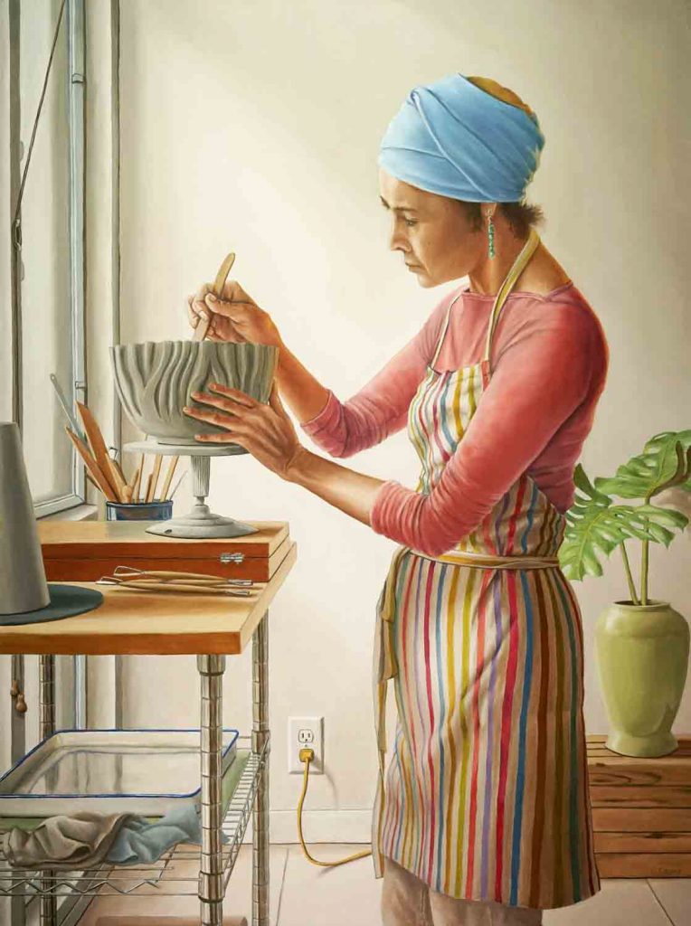 woman working on a ceramic piece, ceramist, oil painting, window light, tropical, contemporary realist art